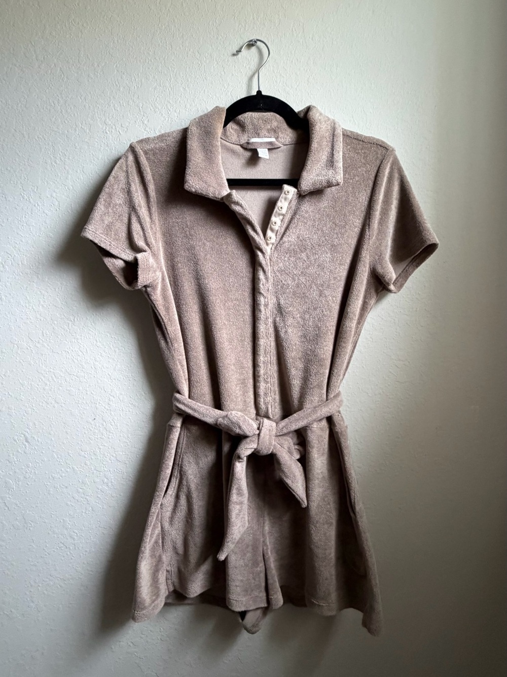 Short-Sleeve Taupe Terry Romper with Belt